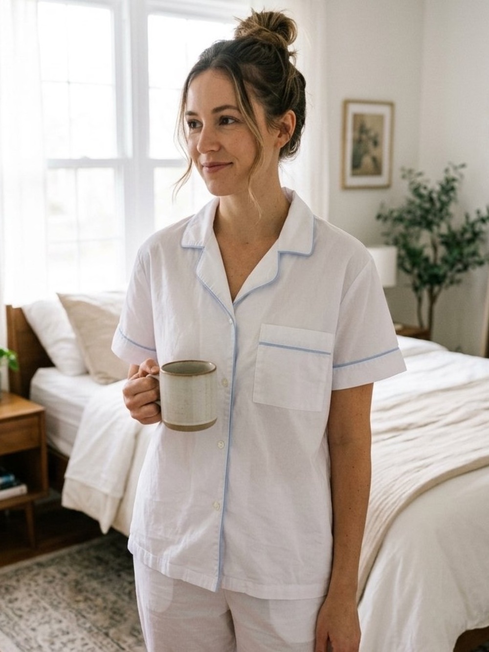 J. Crew White Short-Sleeve Pajama Top with Light Blue Piping